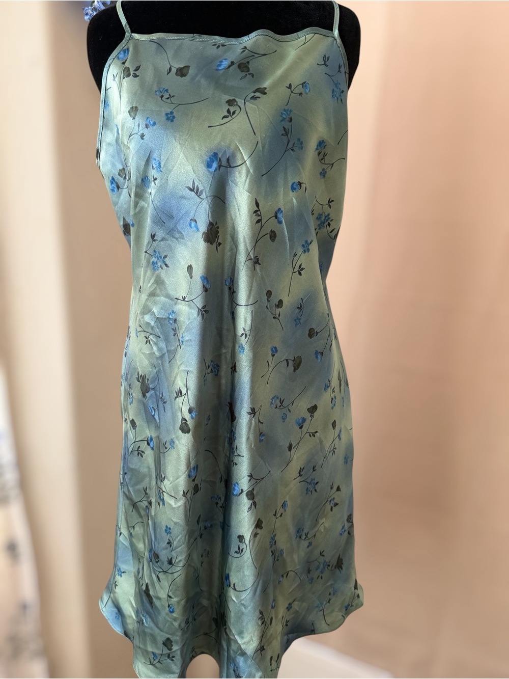 Gilligan & O'Malley Green Satin Maxi Slip Dress with Blue Floral Print
